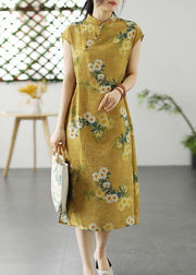 Retro Yellow Stand Collar Button Patchwork Linen Dresses Summer