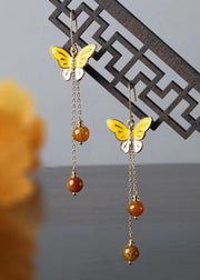 Retro Yellow Sterling Silver Agate Butterfly Tassel Drop Earrings