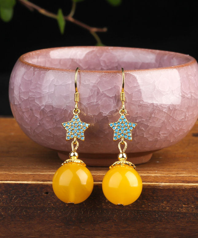 Retro Yellow Sterling Silver Amber Beeswax Star Drop Earrings