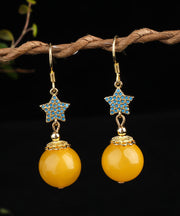 Retro Yellow Sterling Silver Amber Beeswax Star Drop Earrings