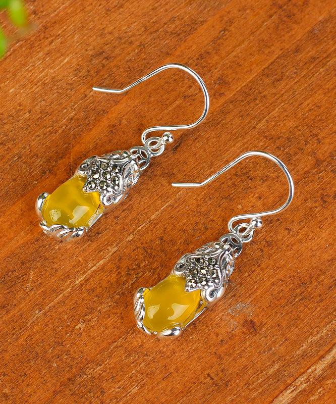 Retro Yellow Sterling Silver Inlaid Chalcedony A Mythical Wild Animal Drop Earrings