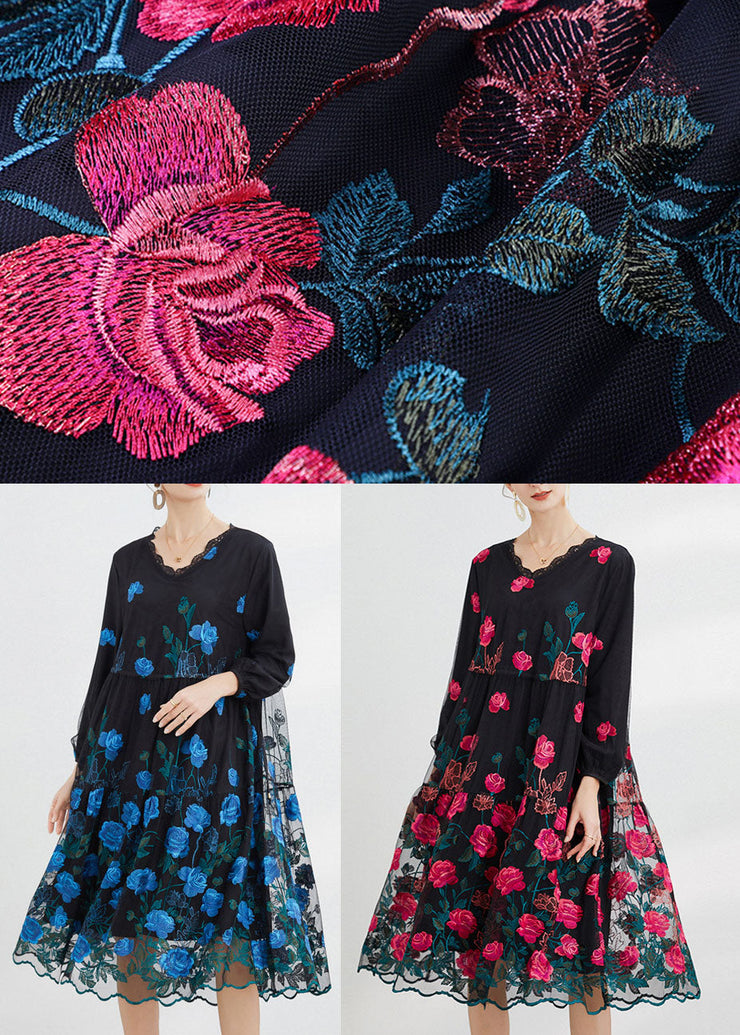 Rose Floral Tulle Maxi Dress O-Neck Embroideried Long Sleeve