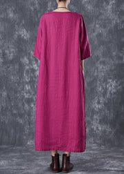 Rose Oversized Linen Holiday Dress Chinese Button Side Open Half Sleeve