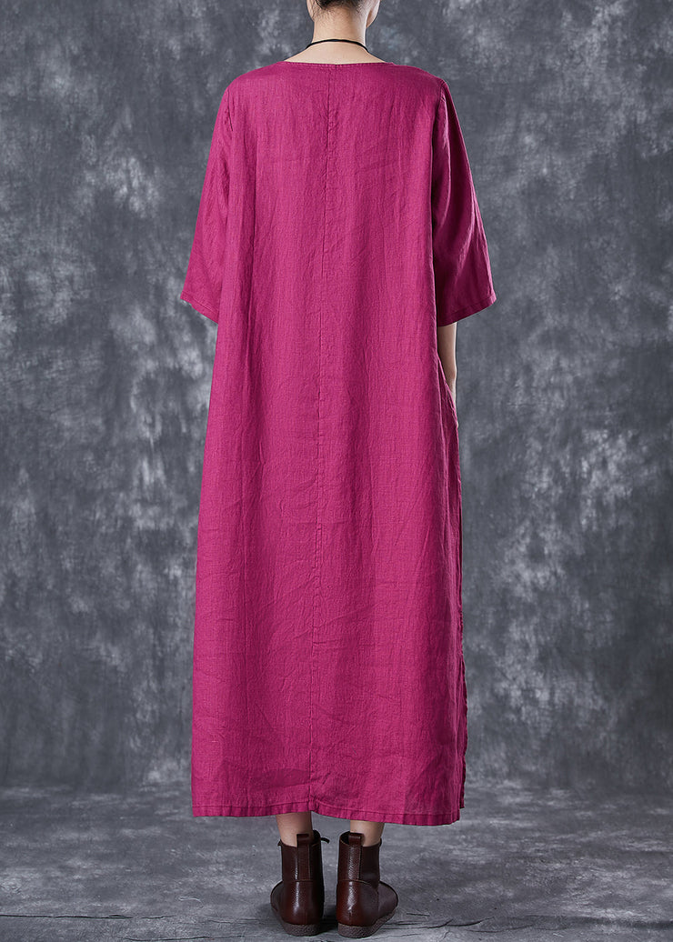 Rose Oversized Linen Holiday Dress Chinese Button Side Open Half Sleeve