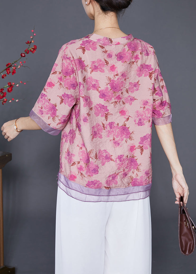 Rose Patchwork Organza Linen Silk Shirt V Neck Print Half Sleeve