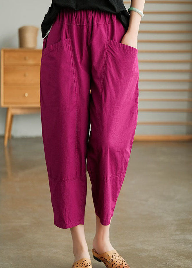 Rose Pockets Patchwork Cotton Pants Elastic Waist Summer