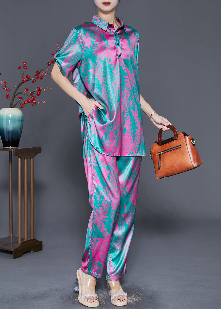 Rose Print Silk Two Piece Set Women Clothing Side Open Fall