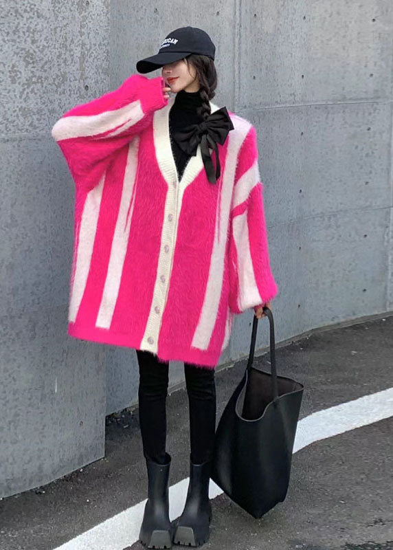 Rose Striped Mink Hair Knitted Loose Coat Oversized Batwing Sleeve