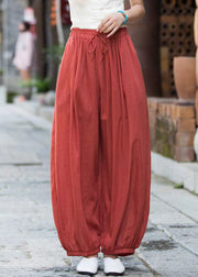 Rust Lace Up Solid Linen Crop Pants Elastic Waist