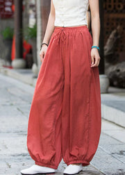 Rust Lace Up Solid Linen Crop Pants Elastic Waist