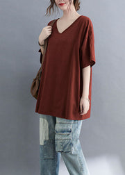 Rust Patchwork Cotton T Shirt Tops V Neck Short Sleeve