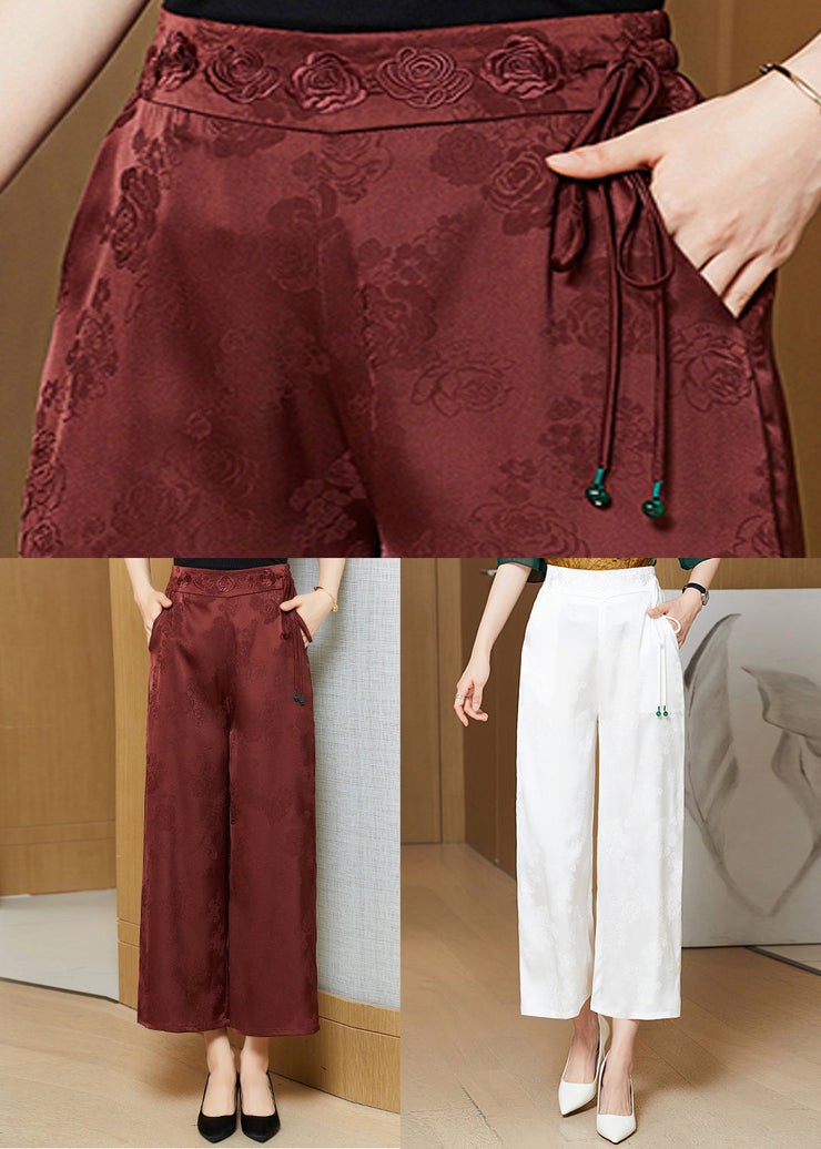 Rust Pockets Silk Wide Leg Pants Elastic Waist