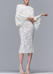 Sexy Beige Hollow Out Side Open Lace Dress Flare Sleeve