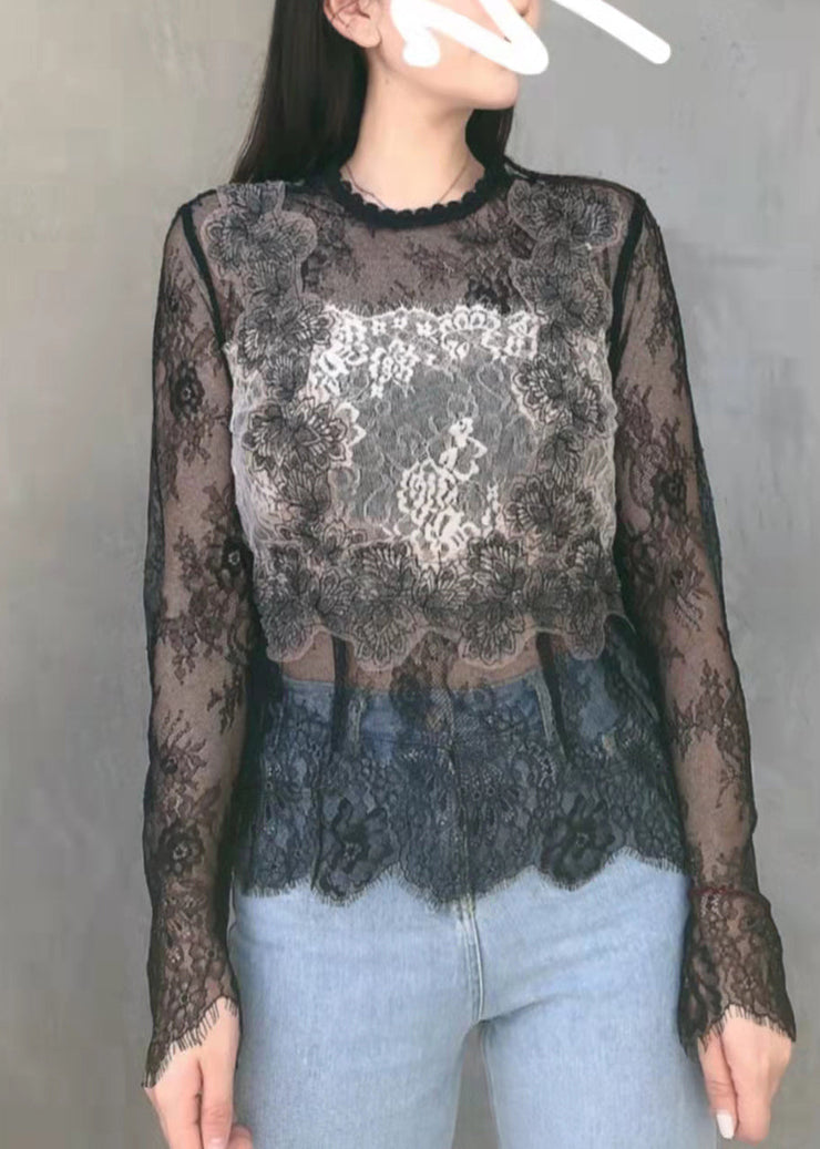 Sexy Black Hollow Out O-Neck Embroideried Lace Top Long Sleeve