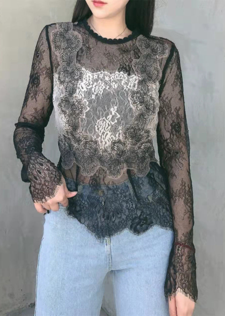 Sexy Black Hollow Out O-Neck Embroideried Lace Top Long Sleeve