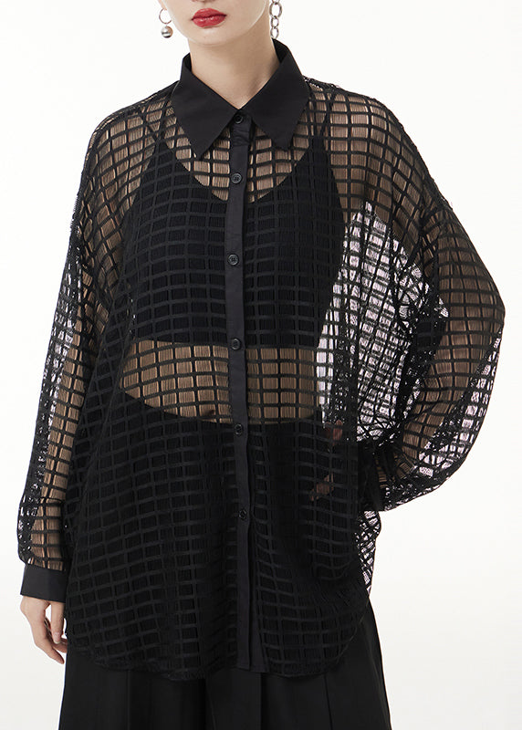 Sexy Black Peter Pan Collar Hollow Out Patchwork Lace Shirts Long Sleeve