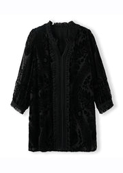 Sexy Black Ruffled Patchwork Velour Shirts Fall