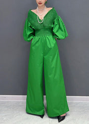 Sexy Green V Neck Wrinkled Elastic Waist Jumpsuit Summer