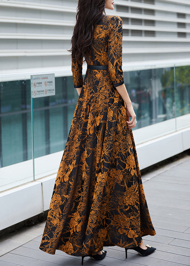 Sexy Orange Print Sashes Long Traveling Dress Spring