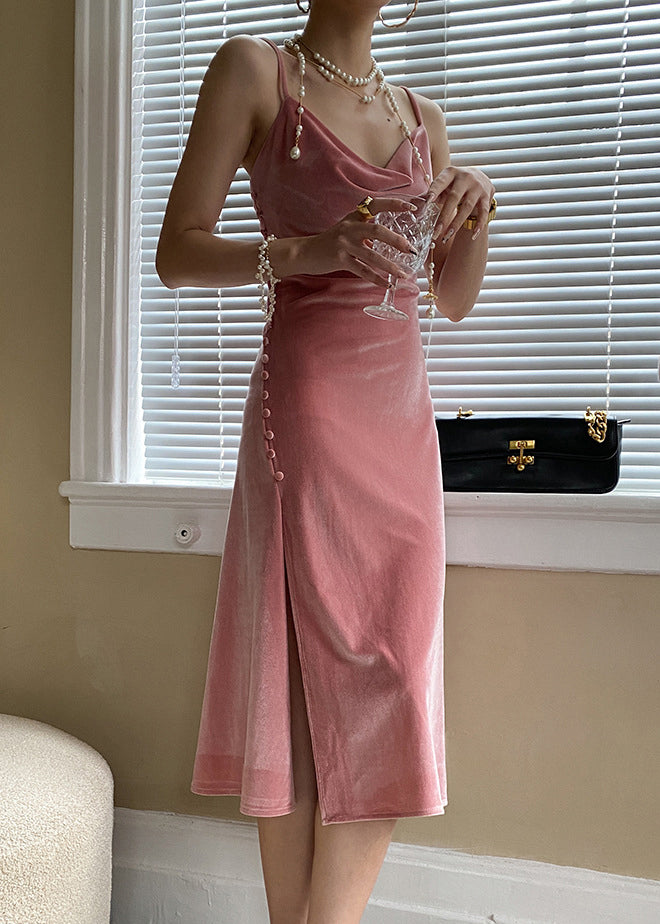 Sexy Pink Button Side Open Silk Velvet Spaghetti Strap Dress Sleeveless