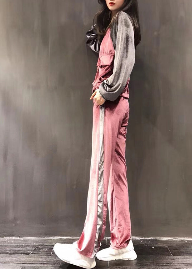 Sexy Pink Zippered Silk Velour Coats And Wide Leg Pants Two Pieces Set Long Sleeve