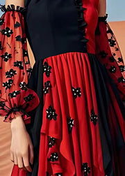 Sexy Red Cold Shoulder Print Patchwork Chiffon Maxi Dress Summer