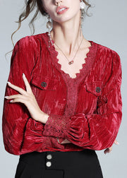 Sexy Red V Neck Lace Patchwork Silk Velour Top Long Sleeve