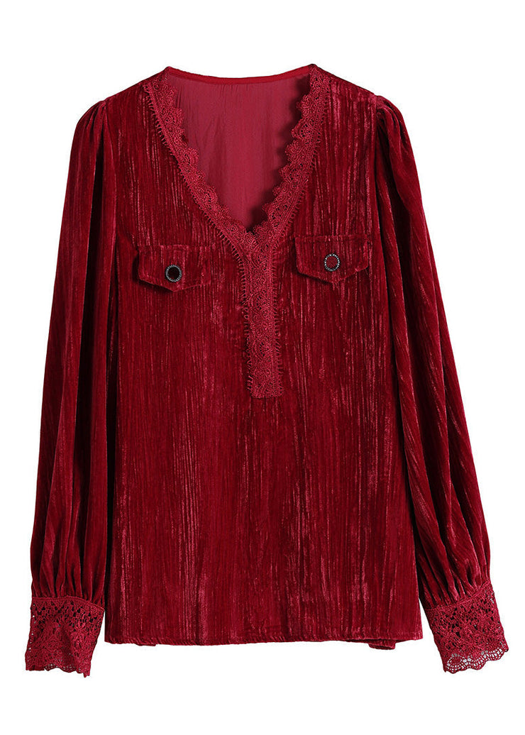 Sexy Red V Neck Lace Patchwork Silk Velour Top Long Sleeve