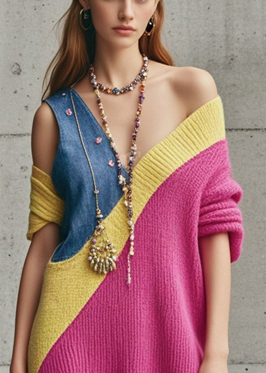 Sexy Rose Asymmetrical Patchwork Denim Knitwear Dress Fall