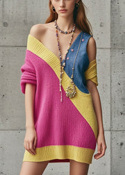 Sexy Rose Asymmetrical Patchwork Denim Knitwear Dress Fall