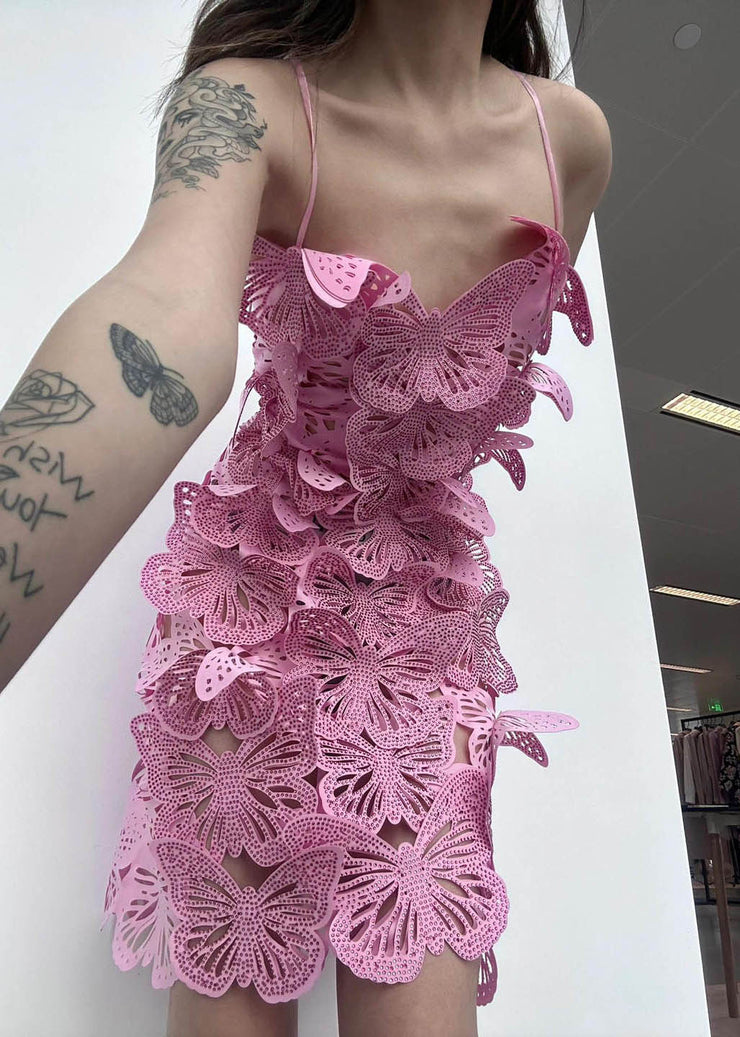 Sexy Rose Butterfly Hollow Out Zircon Spaghetti Strap Dress Summer