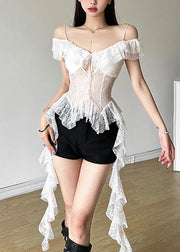 Sexy White Lace Up Hollow Out Lace Spaghetti Strap Tank Summer