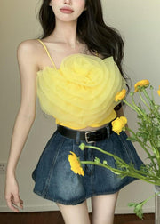 Sexy Yellow Solid Floral Chiffon Spaghetti Strap Tank Sleeveless