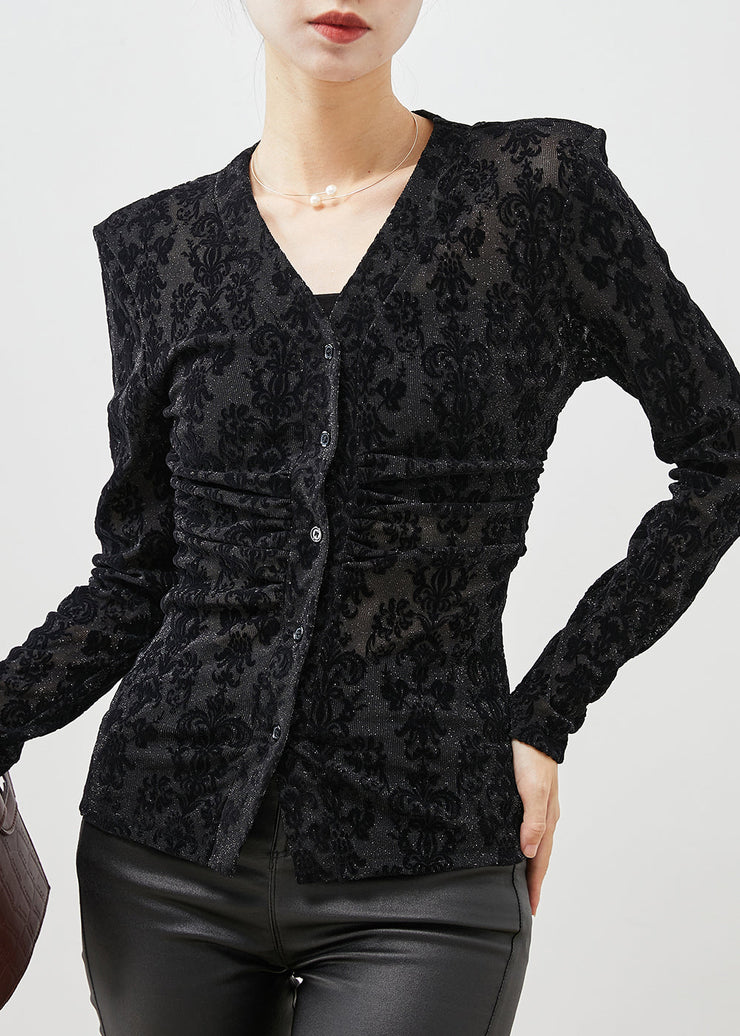 Silm Fit Black Jacquard Velour Shirt Top Spring