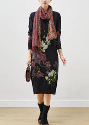 Silm Fit Black Print Side Open Long Knit Dress Spring