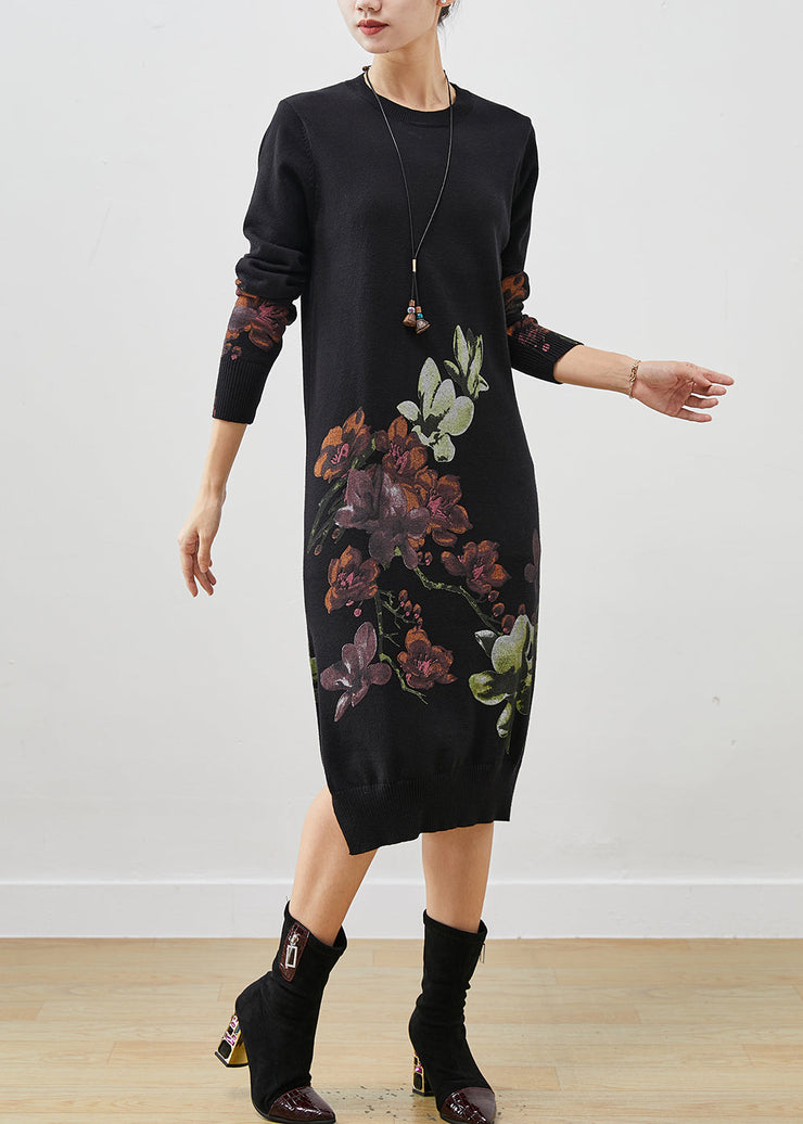 Silm Fit Black Print Side Open Long Knit Dress Spring