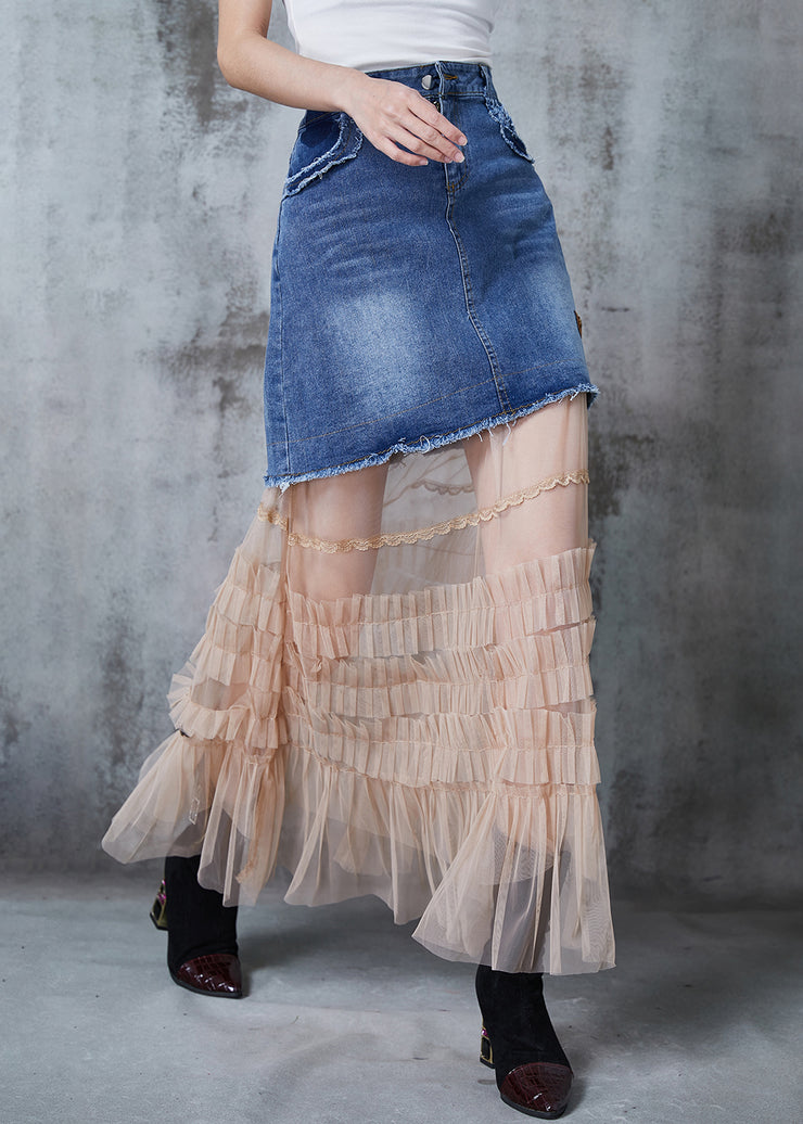 Silm Fit Blue Patchwork Tulle Denim Holiday Skirt Summer