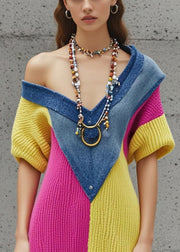 Silm Fit Colorblock V Neck Patchwork Denim Knitted Dress Fall