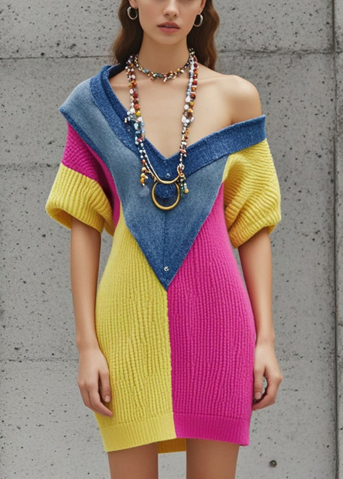 Silm Fit Colorblock V Neck Patchwork Denim Knitted Dress Fall