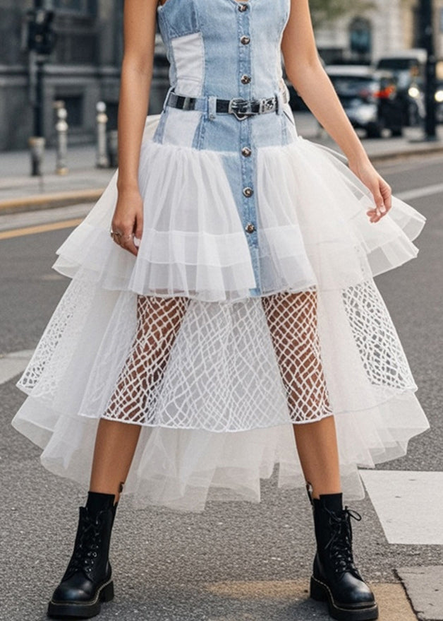 Silm Fit Denim Blue Patchwork Tulle Long Dresses Summer