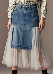 Silm Fit Denim Blue Patchwork Tulle Wraped Skirts Spring