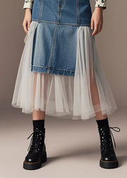 Silm Fit Denim Blue Patchwork Tulle Wraped Skirts Spring