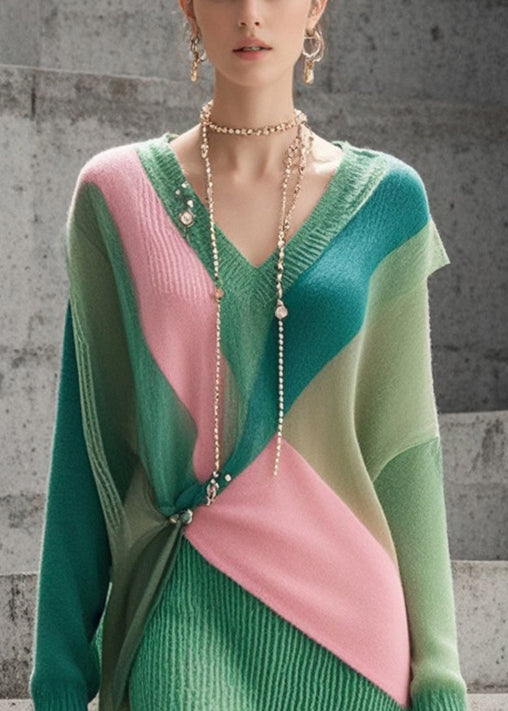 Silm Fit Green Asymmetrical Patchwork Knitwear Dress Fall