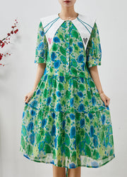 Silm Fit Green Peter Pan Collar Print Chiffon Long Dress Summer