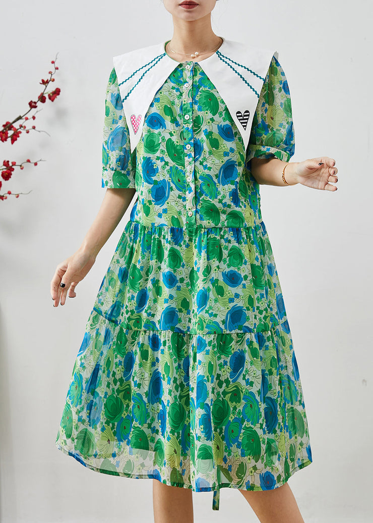 Silm Fit Green Peter Pan Collar Print Chiffon Long Dress Summer