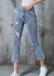 Silm Fit Light Blue High Waist Denim Ripped Crop Pants Summer