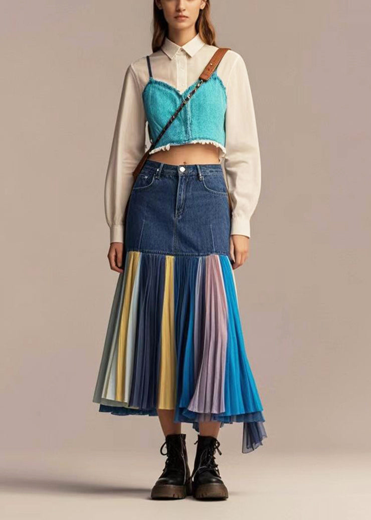 Silm Fit Navy High Waist Patchwork Denim Pleated Skirt Fall