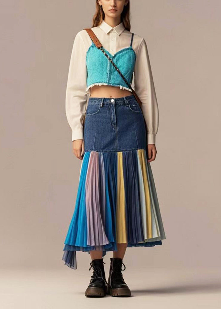 Silm Fit Navy High Waist Patchwork Denim Pleated Skirt Fall