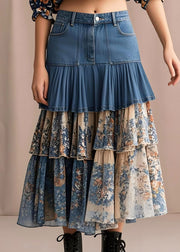 Silm Fit Navy Layered Ruffled Patchwork Print Denim Skirts Spring