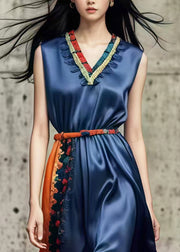 Silm Fit Navy Ruffled Patchwork Silk Holiday Dress Summer